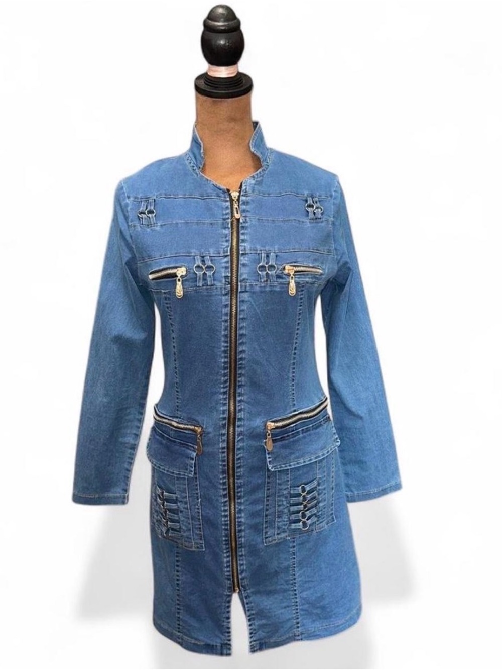 Denim Zip-Front Long Jacket in Medium Blue Size 3 Y2K